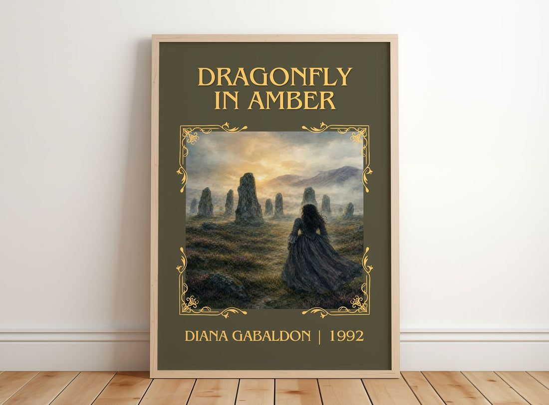 Dragonfly in Amber Classic Book Art Print by Diana Gabaldon – framed print leaning on a wooden floor