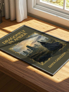 Dragonfly in Amber Classic Book Art Print by Diana Gabaldon – print on a sunlit desk