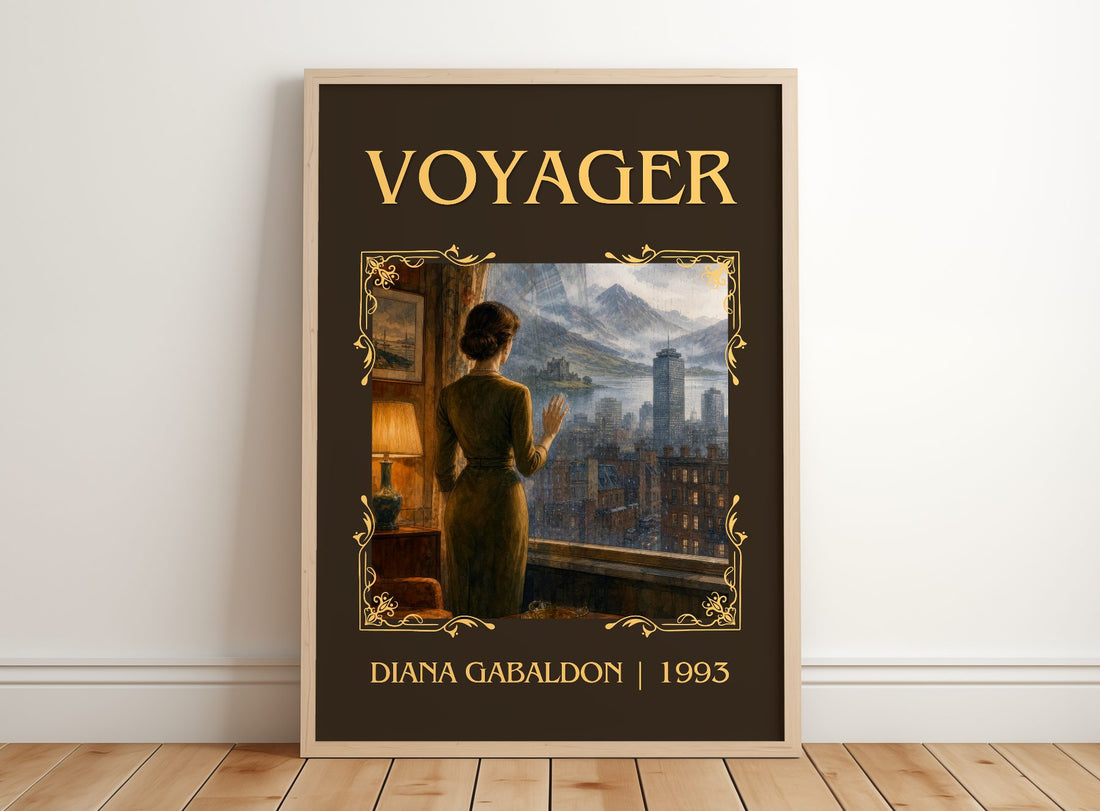 Voyager Classic Book Art Print by Diana Gabaldon – framed print leaning on a wooden floor