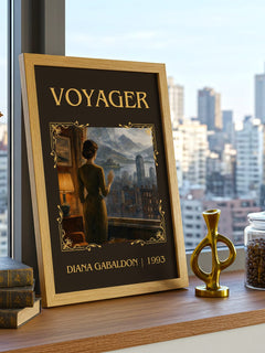 Voyager Classic Book Art Print by Diana Gabaldon – framed print on a city-view windowsill
