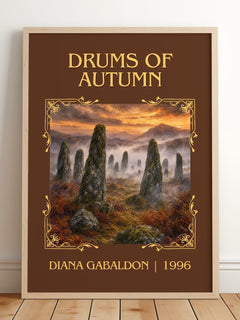 Drums of Autumn Classic Book Art Print by Diana Gabaldon – framed print leaning on a wooden floor