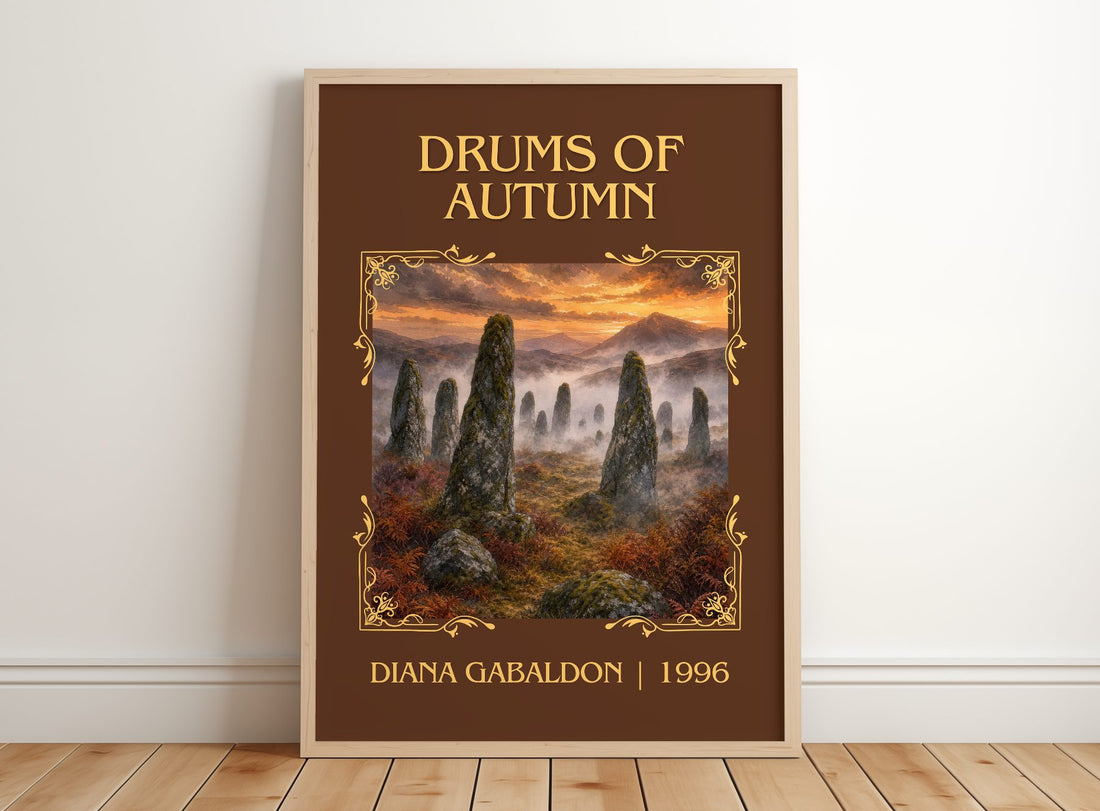 Drums of Autumn Classic Book Art Print by Diana Gabaldon – framed print leaning on a wooden floor