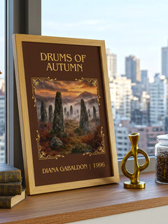 Drums of Autumn Classic Book Art Print by Diana Gabaldon – framed print on a city-view windowsill