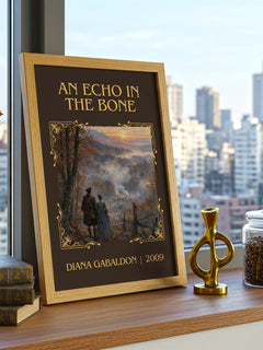 An Echo in the Bone Classic Book Art Print by Diana Gabaldon – framed print on a city-view windowsill