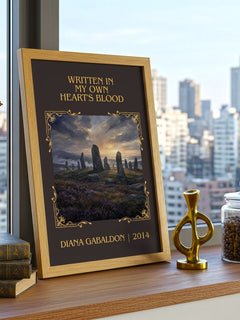 Written in My Own Heart's Blood Classic Book Art Print by D. Gabaldon – framed print on a city-view windowsill