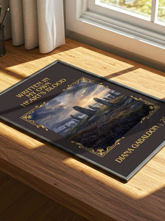 Written in My Own Heart's Blood Classic Book Art Print by D. Gabaldon – print on a sunlit desk