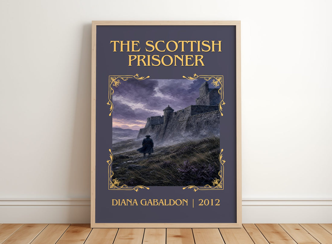 The Scottish Prisoner Classic Book Art Print by Diana Gabaldon – framed print leaning on a wooden floor