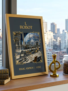 I, Robot Classic Book Art Print by Isaac Asimov – framed print on a city-view windowsill