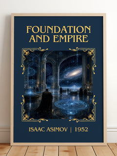 Foundation and Empire Classic Book Art Print by Isaac Asimov – framed print leaning on a wooden floor