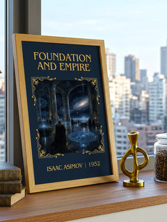 Foundation and Empire Classic Book Art Print by Isaac Asimov – framed print on a city-view windowsill