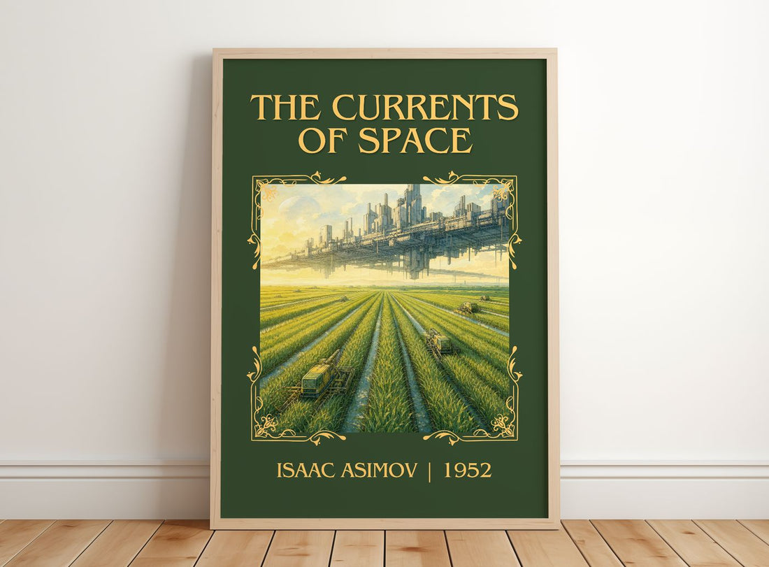 The Currents of Space Classic Book Art Print by Isaac Asimov – framed print leaning on a wooden floor