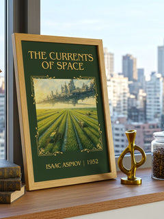The Currents of Space Classic Book Art Print by Isaac Asimov – framed print on a city-view windowsill