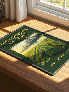 The Currents of Space Classic Book Art Print by Isaac Asimov – print on a sunlit desk