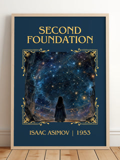 Second Foundation Classic Book Art Print by Isaac Asimov – framed print leaning on a wooden floor