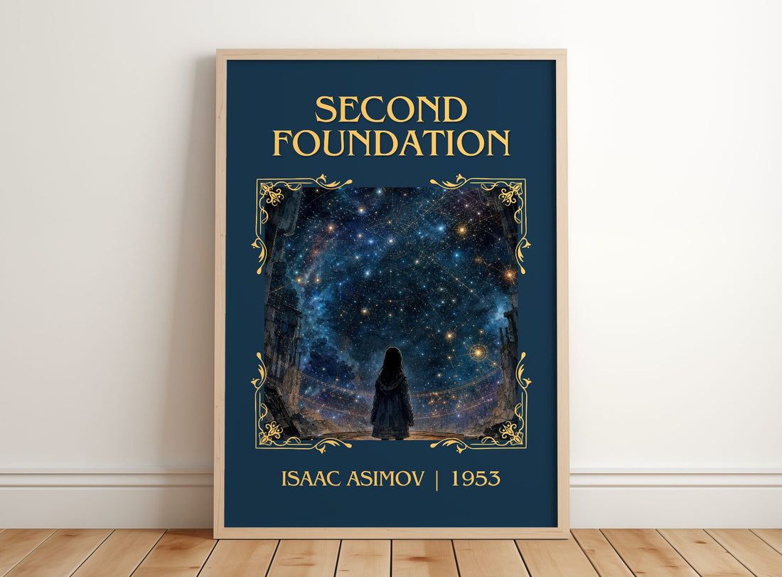 Second Foundation Classic Book Art Print by Isaac Asimov – framed print leaning on a wooden floor