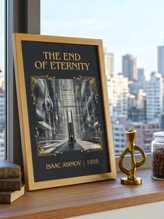 The End of Eternity Classic Book Art Print by Isaac Asimov – framed print on a city-view windowsill
