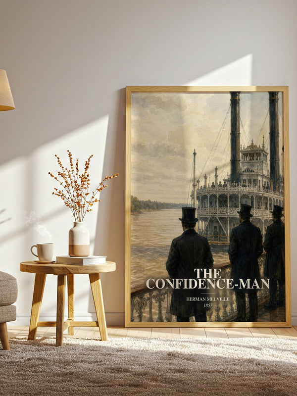 The Confidence-Man watercolour print in frame leaning in hallway – satire wall art