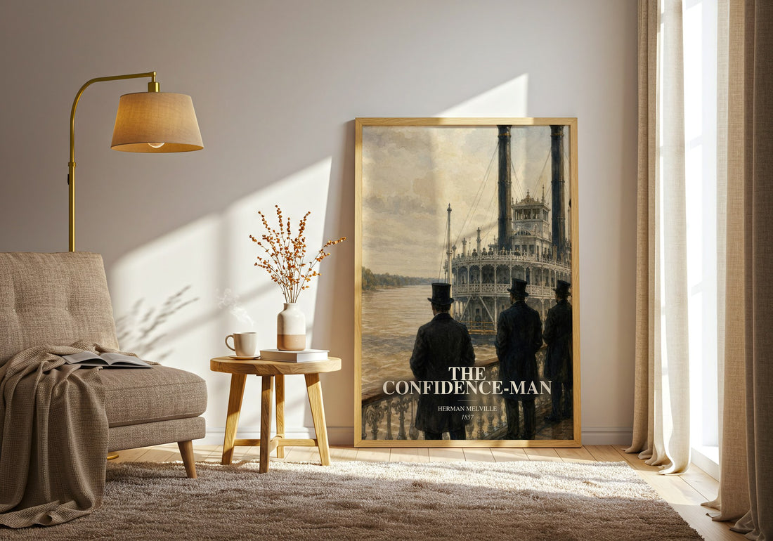 The Confidence-Man watercolour print in frame leaning in hallway – satire wall art (mockup)