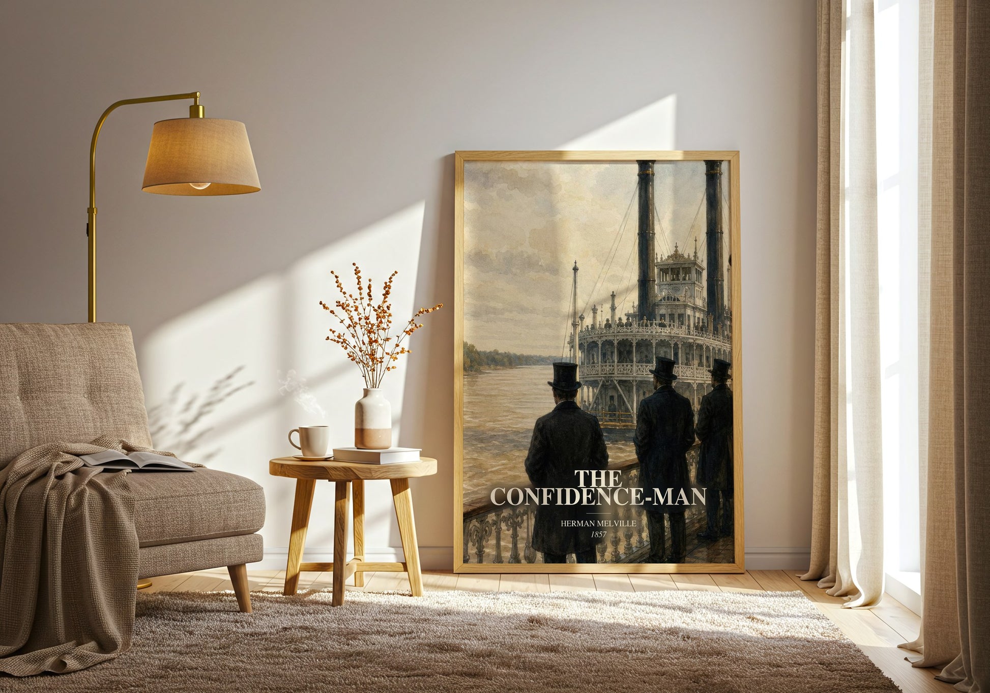 The Confidence-Man watercolour print in frame leaning in hallway – satire wall art