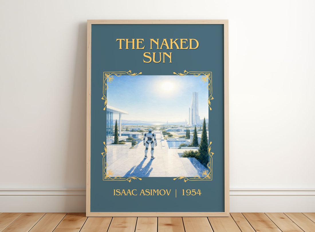 The Naked Sun Classic Book Art Print by Isaac Asimov – framed print leaning on a wooden floor