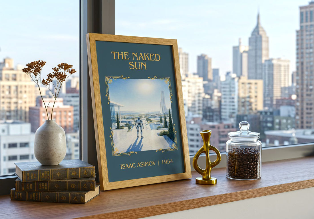 The Naked Sun Classic Book Art Print by Isaac Asimov – framed print on a city-view windowsill