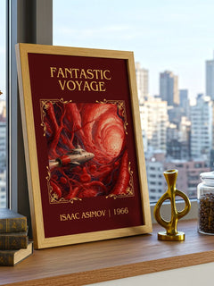 Fantastic Voyage Classic Book Art Print by Isaac Asimov – framed print on a city-view windowsill