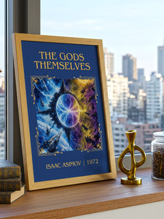 The Gods Themselves Classic Book Art Print by Isaac Asimov – framed print on a city-view windowsill
