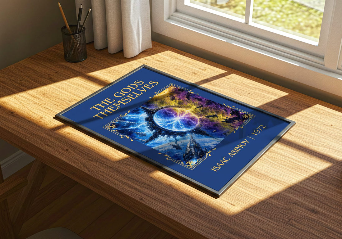 The Gods Themselves Classic Book Art Print by Isaac Asimov – print on a sunlit desk