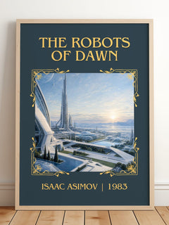 The Robots of Dawn Classic Book Art Print by Isaac Asimov – framed print leaning on a wooden floor