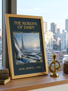 The Robots of Dawn Classic Book Art Print by Isaac Asimov – framed print on a city-view windowsill