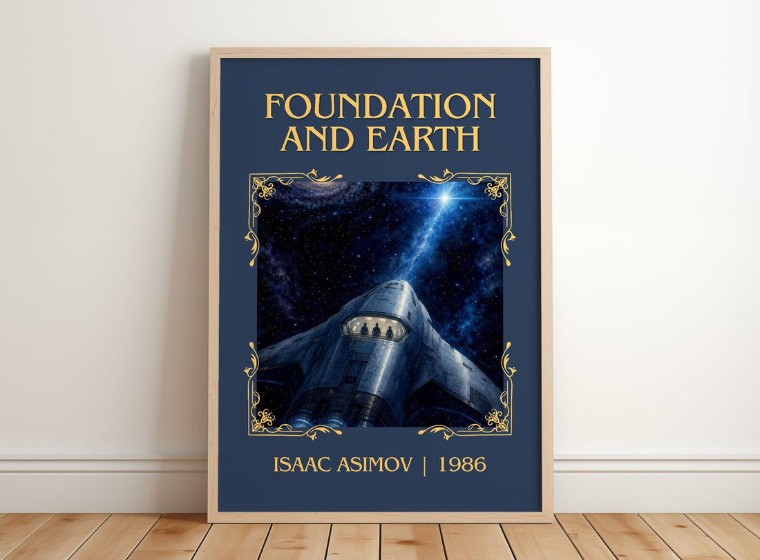 Foundation and Earth Classic Book Art Print by Isaac Asimov – framed print leaning on a wooden floor
