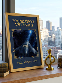 Foundation and Earth Classic Book Art Print by Isaac Asimov – framed print on a city-view windowsill
