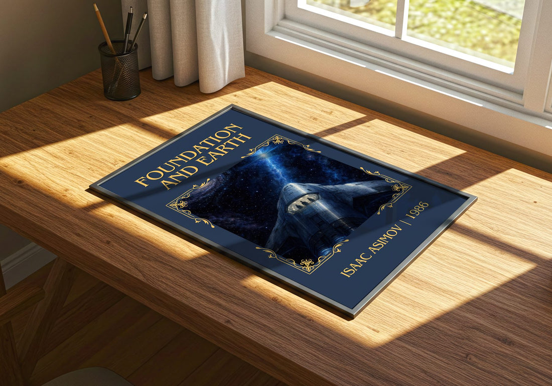 Foundation and Earth Classic Book Art Print by Isaac Asimov – print on a sunlit desk