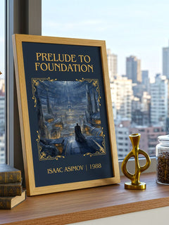 Prelude to Foundation Classic Book Art Print by Isaac Asimov – framed print on a city-view windowsill