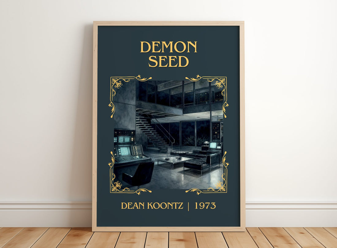 Demon Seed Classic Book Art Print by Dean Koontz – framed print leaning on a wooden floor
