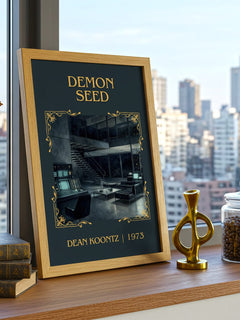 Demon Seed Classic Book Art Print by Dean Koontz – framed print on a city-view windowsill