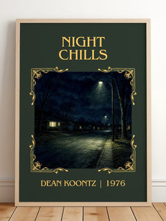 Night Chills Classic Book Art Print by Dean Koontz – framed print leaning on a wooden floor