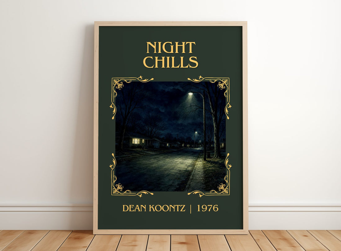 Night Chills Classic Book Art Print by Dean Koontz – framed print leaning on a wooden floor