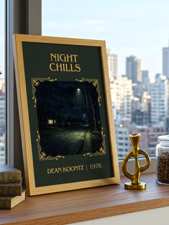 Night Chills Classic Book Art Print by Dean Koontz – framed print on a city-view windowsill