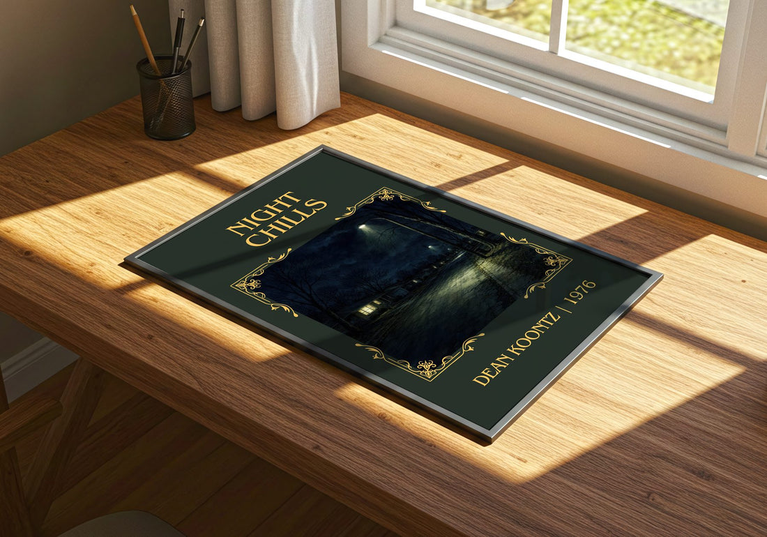 Night Chills Classic Book Art Print by Dean Koontz – print on a sunlit desk