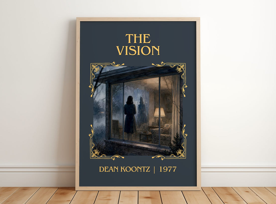 The Vision Classic Book Art Print by Dean Koontz – framed print leaning on a wooden floor