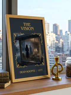 The Vision Classic Book Art Print by Dean Koontz – framed print on a city-view windowsill