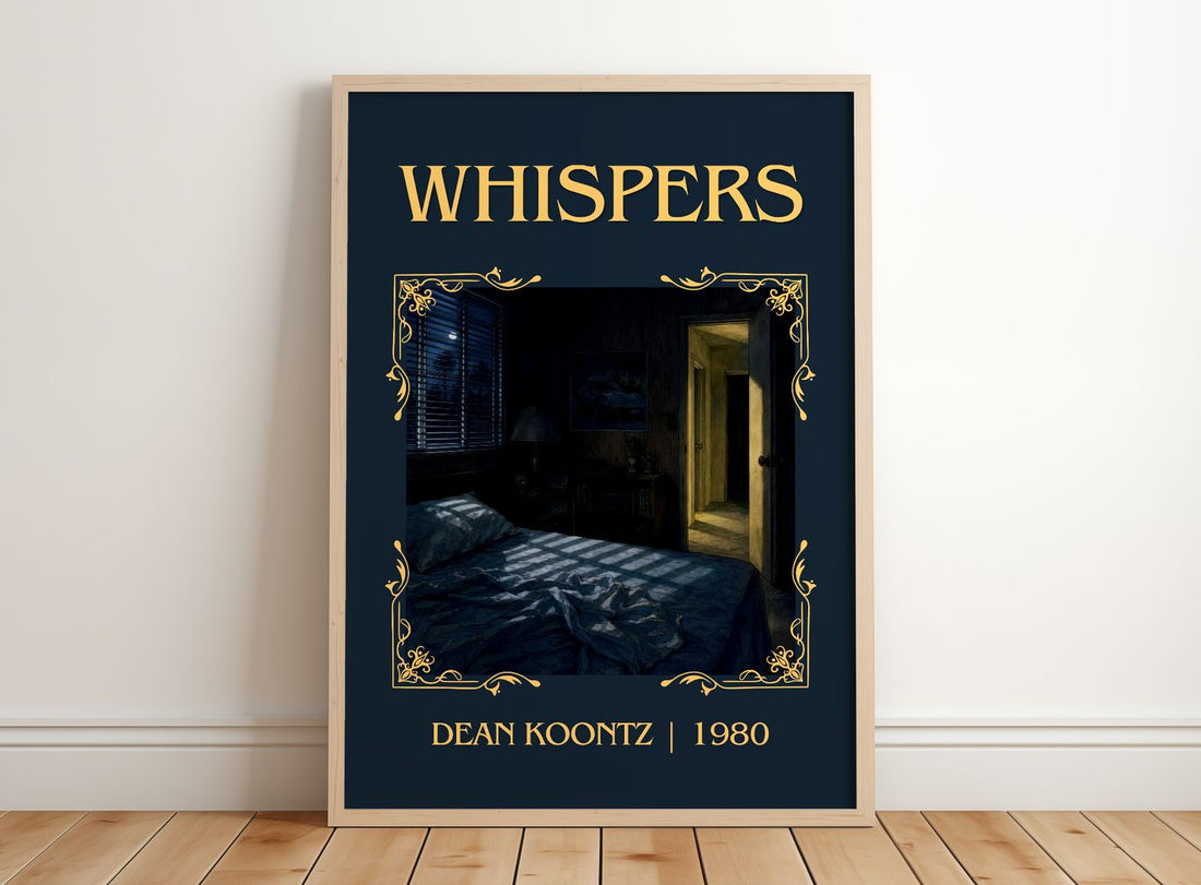 Whispers Classic Book Art Print by Dean Koontz – framed print leaning on a wooden floor