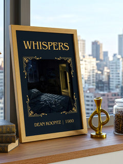Whispers Classic Book Art Print by Dean Koontz – framed print on a city-view windowsill