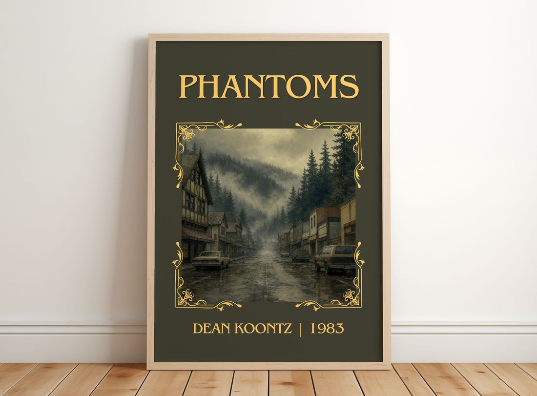 Phantoms Classic Book Art Print by Dean Koontz – framed print leaning on a wooden floor