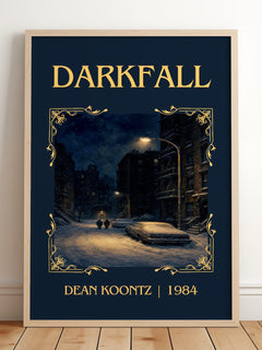 Darkfall Classic Book Art Print by Dean Koontz – framed print leaning on a wooden floor