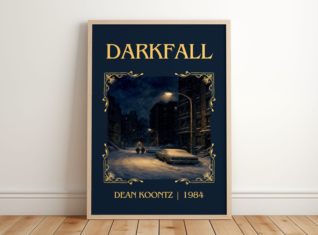 Darkfall Classic Book Art Print by Dean Koontz – framed print leaning on a wooden floor