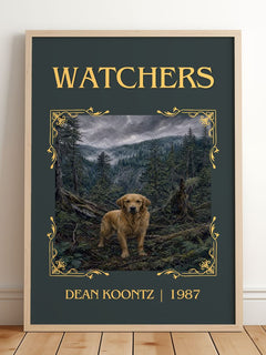 Watchers Classic Book Art Print by Dean Koontz – framed print leaning on a wooden floor