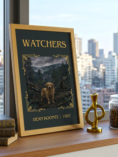Watchers Classic Book Art Print by Dean Koontz – framed print on a city-view windowsill