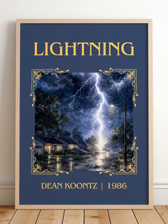 Lightning Classic Book Art Print by Dean Koontz – framed print leaning on a wooden floor